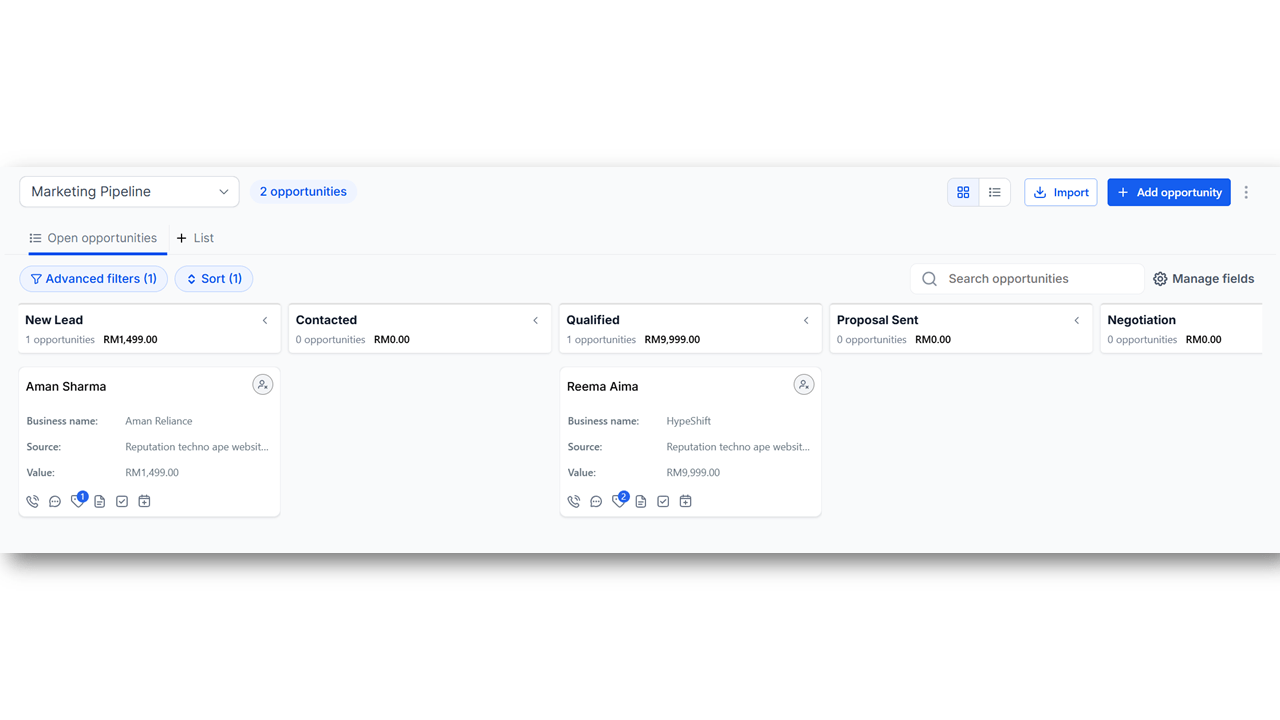 ApeOS CRM pipeline board showing deal stages